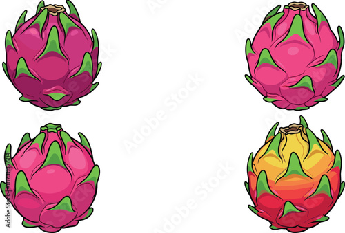 Colorful cartoon dragon fruits in different shades pink green