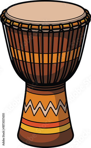 Djembe drum, African percussion instrument, traditional music art, colorful illustration, cultural heritage design, rhythmic sound, ethnic artwork, festival decor, tribal music