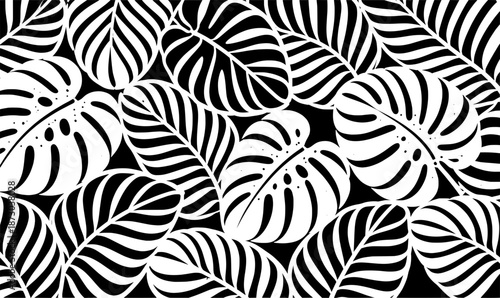 Monstera Leaf Pattern: A captivating black and white pattern of monstera leaves creates a striking visual, perfect for various design applications, including textiles and surface design.