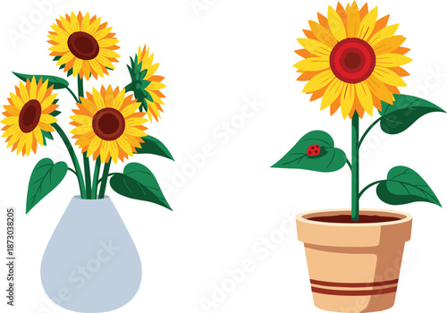 Cartoon sunflowers in vase and pot with ladybug