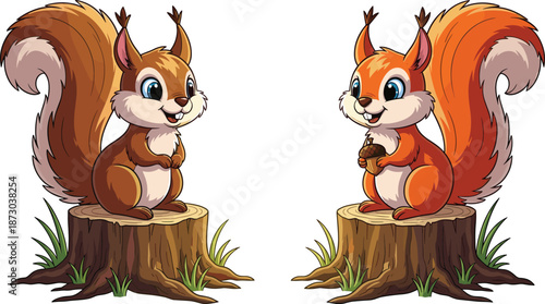 Cartoon squirrels on tree stumps animals wildlife