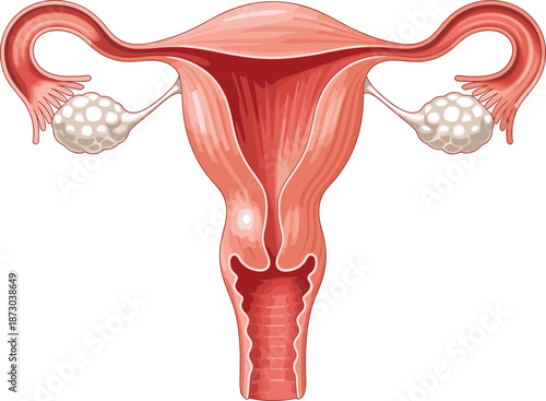 Female reproductive system, uterus, ovaries, fallopian tubes, medical anatomy illustration, human health education, biology gynecology diagram isolated white background vector