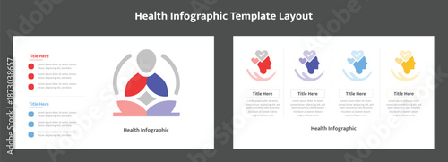 Wellness infographic template with lotus pose person and caring heart symbols