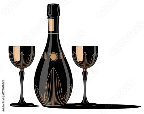 Art Deco style, a glamour champagne bottle and two champagne bowls on transparent background
