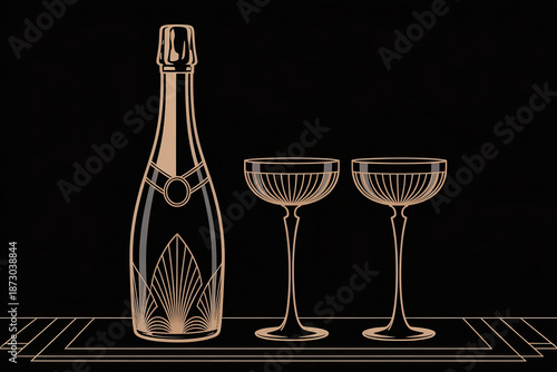 Art Deco style, a glamour champagne bottle and two champagne bowls, illustration with copy space