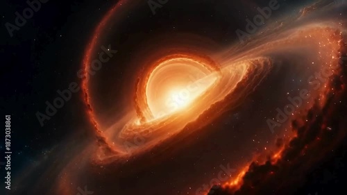 Cinematic View of a Supermassive Black Hole with a Glowing Orange Accretion Disk and Swirling Star Dust in a Vast Galaxy 4k Motion Video loop Animation