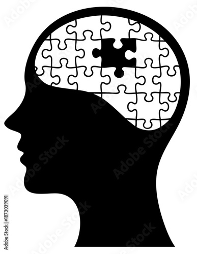 Human Head Silhouette with Contrasting Puzzle Brain — Memory Loss, Cognitive Process, Missing Thought Psychology