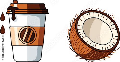 Cartoon coffee cup with brown lid and coconut half coconut white background
