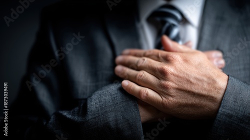 Wallpaper Mural Man in suit placing hand over heart, symbolizing sincerity, trust, and integrity Torontodigital.ca