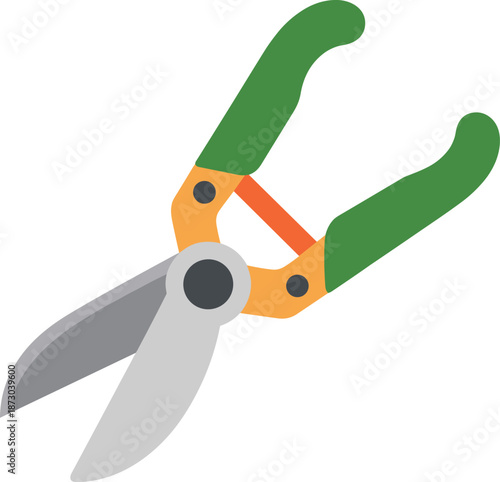 Garden pruning shears illustration, green handles, orange bar, silver blades, cutting tool, horticulture, gardening equipment, cartoon style, landscaping, trimming