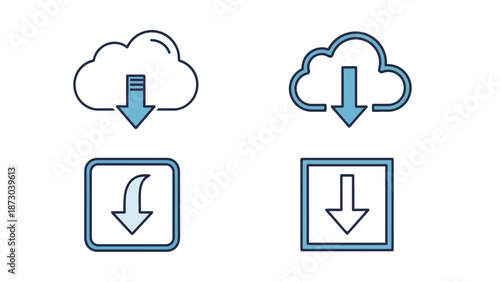 A set of four stylized icons representing the concept of downloading or saving data to the cloud.