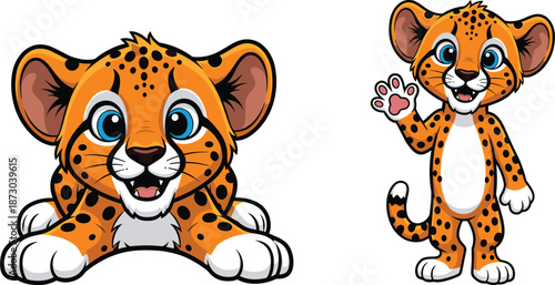Cartoon cheetah cubs in two poses with orange fur and black spots