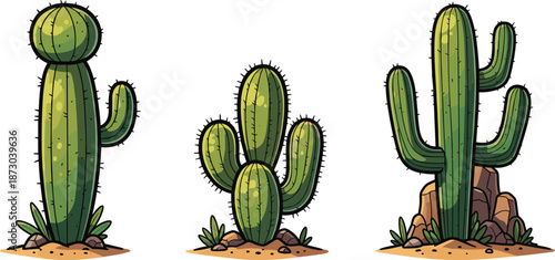 Cartoon cacti plants on desert ground with rocks and sand cactus green