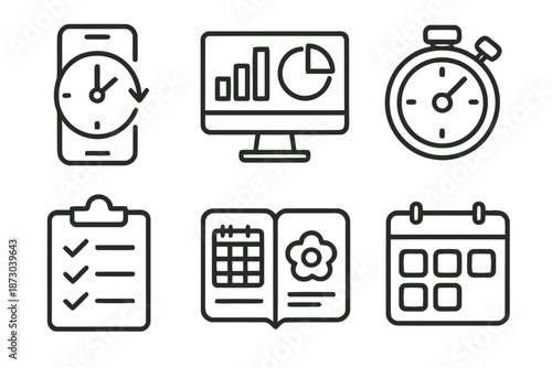 Time management tools for business planning vector icon set