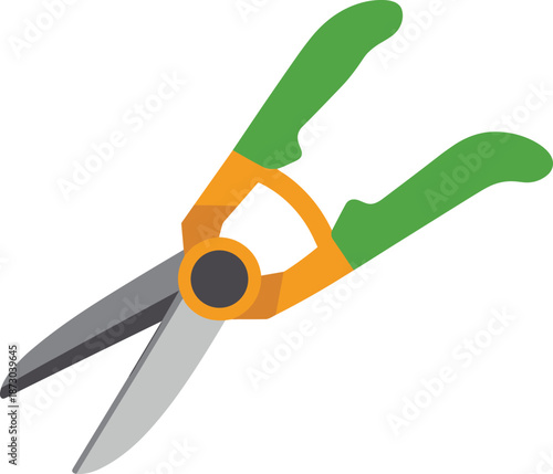 Garden pruning shears illustration, green handles, orange pivot, silver and gray blades, cutting tool, horticulture, landscaping, cartoon style, trimming, gardening