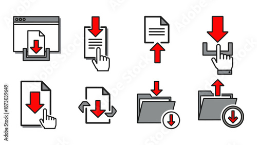 A collection of eight different icons representing the action of downloading files and data.