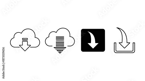 A collection of four distinct icons representing the concept of downloading files, with variations in style and detail.