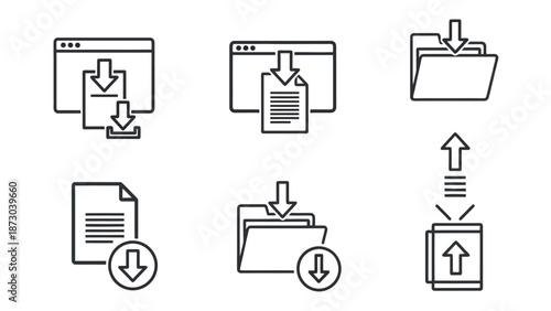 A collection of six line art icons representing file downloads and uploads, with various folder and document illustrations.