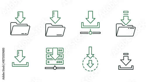 A collection of eight download icons, featuring folders, servers, and upload arrows, presented in a clean, minimalist line art style with green accents.