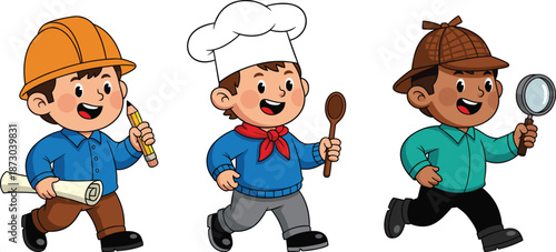 Cartoon boys in different professions engineer chef