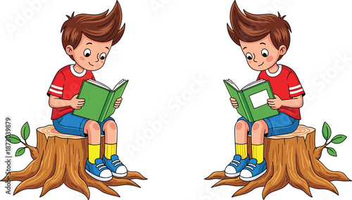 Cartoon boy reading book on tree stump