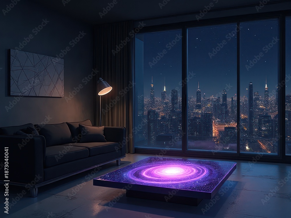 Obraz premium Modern Living Room with Night City View