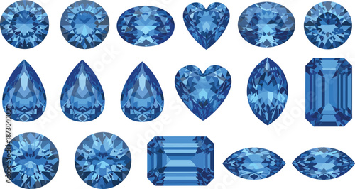 Blue gemstones in various shapes and cuts sapphires diamonds heart shaped teardrop