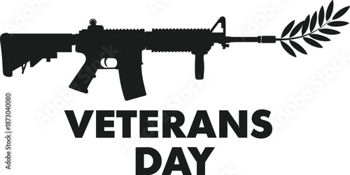 Black silhouette of rifle with olive branch and veterans day text assault rifle