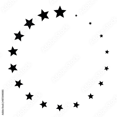 Circle of stars from large to small arranged in a round shape, minimal black star ring illustration for decorative frames, awards, ratings, quality marks and abstract celestial design concepts