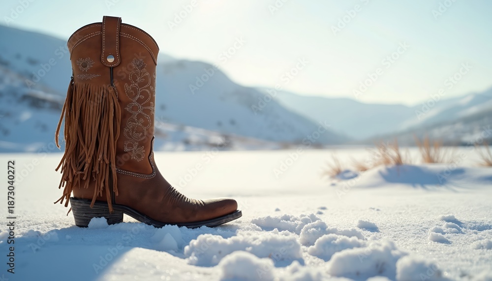 Naklejka premium Brown leather cowboy boot with fringe stands in snowy landscape. Winter scene with sunlit mountains and soft blue sky. Cold weather fashion footwear.
