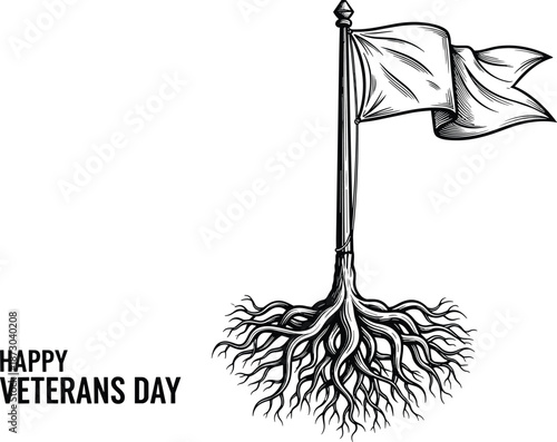 Black and white of flagpole with roots and waving flag on white background with happy veterans day text