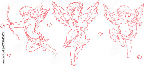 Photography Vintage hand drawn cupid angel illustration set, engraving sketch cherubs with b