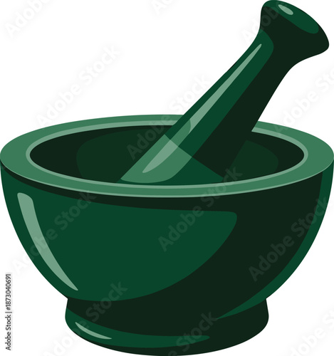 Green mortar and pestle illustration isolated on white background, herbal medicine kitchen tool icon for pharmacy cooking design branding packaging