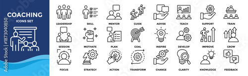 Coaching icon set collection. Icon pack contains leadership, skill, mentor, guide, train, teach, support, advise, lead, grow, inspire, goal, focus, plan, motivate, action