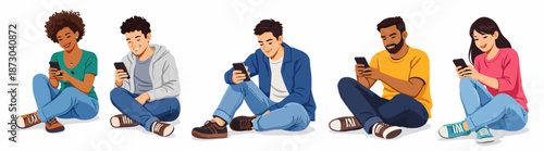 Young people sitting in different places spending time with their smartphones in social moments.