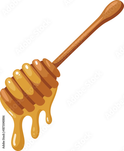 Honey dipper with dripping golden honey illustration isolated on white background, natural sweet food concept for beekeeping, cooking, organic nutrition