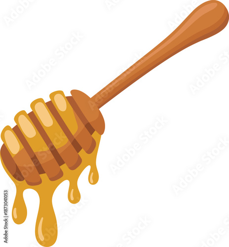 Honey dipper with dripping golden honey illustration isolated on white background, natural sweet food concept for beekeeping, cooking, organic nutrition