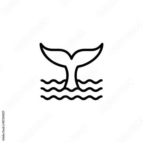 Thin outline icon of a whale tail rising from water surface On white Background Vector illustration