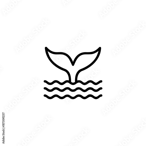 Thin outline icon of a whale tail emerging from calm ocean On white Background Vector illustration