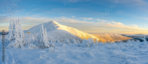 amazing winter sunset in Karkonosze mountains in Czech republic