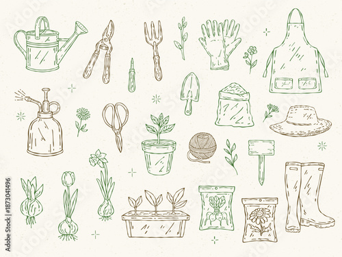 Line art vector gardening set with watering can, tools, gardener clothing, sprayer, seed packets, flower bulbs, and seedlings. Perfect for spring designs and gardening projects