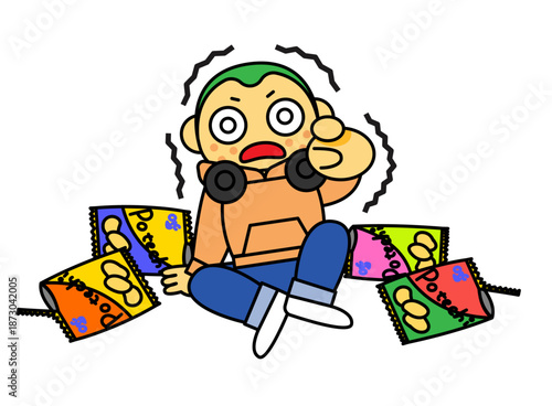 お菓子に囲まれて混乱する若い男性のイラスト