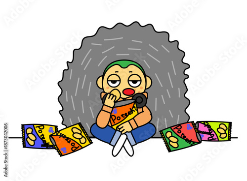 無気力で座り込む若い男性とストレスのイラスト