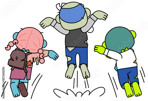 ゾンビ化して跳ね上がる若者たちのシルエットイラスト