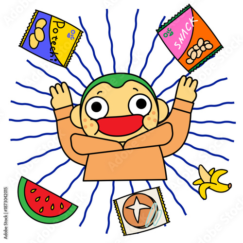 お菓子に囲まれて喜ぶ若い男性のイラスト