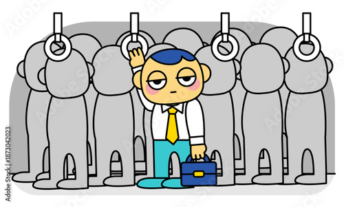 満員電車で押し潰され疲弊する通勤者の心理状態を描いたイラスト