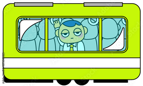 満員電車で疲弊し表情を失った通勤者の心理状態を描いたイラスト