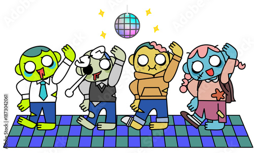 ストレスから解放され踊り出す人々の心理状態を表したゾンビのイラスト