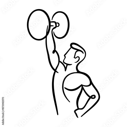 Concepto gimnasio. Dibujo sencillo con una única línea de un hombre levantando mancuernas con una única mano 
