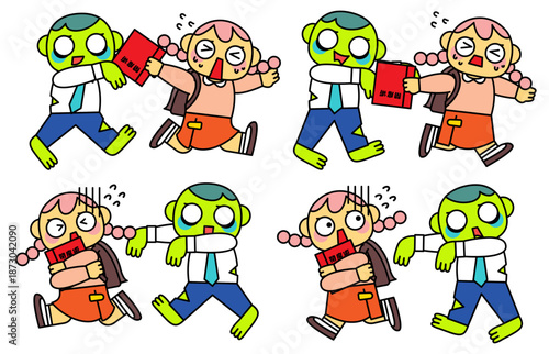 ゾンビに追われ必死に逃げる若者たちの不安な日常を表したイラスト